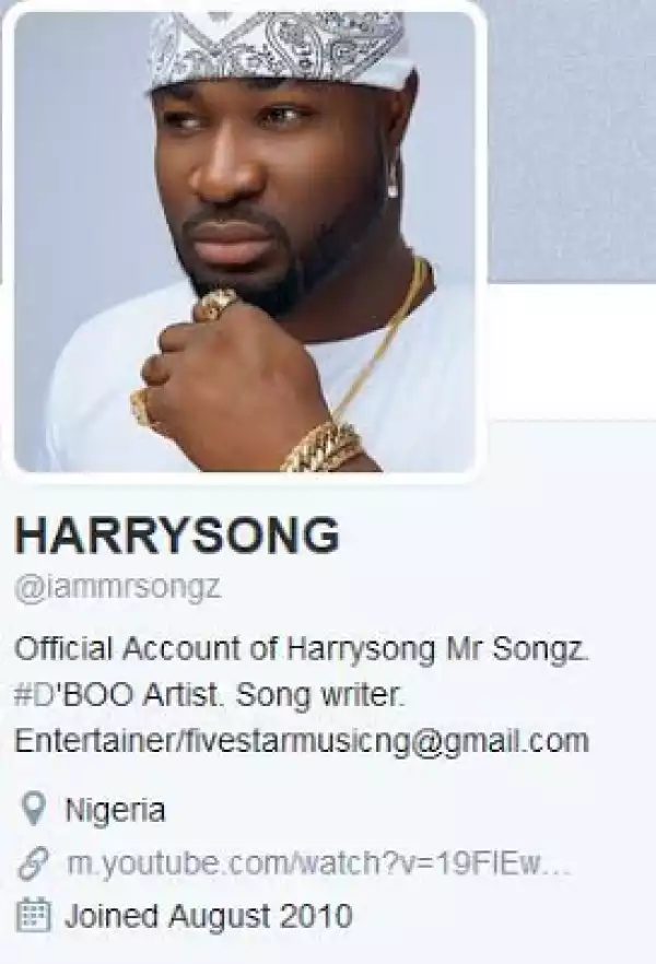 Harrysong Deletes Alter-Plate Info From His Social Media Accounts; Reverts To Five Star